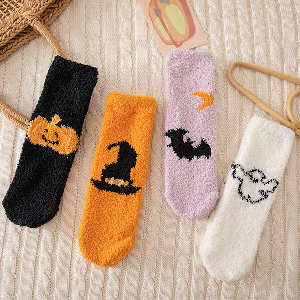 Halloween gave sokker, efterår og vinter herre- og damesokker i koral fleece, halv kant fleece termisk isolering, limede gulvsokker Ghost+pumpkin+hat+bat