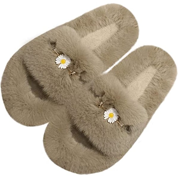 Dam Fluffy Plush Furry Tofflor Öppen Tå Fleece Slip on Tofflor Non Slip Husskor Slides Inomhus Utomhus（Blomma Khaki）
