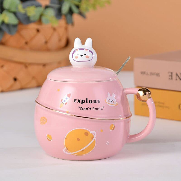 Söötjänis-mukikupillinen kansi ja lusikka, Kawaii Pääsiäislahjat Keramiikka Mukit Kupit Kahville/Teelle/Kuumaa Suklaata/Maidolle 500ml/17oz