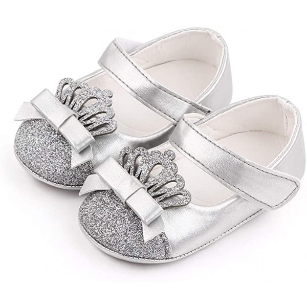 Baby Girls Soft Sole Bowknot Princess Bröllopsklänning Mary Jane Flats Prewalker Newborn Light Baby Sneaker Skor----- Sliver （12cm）