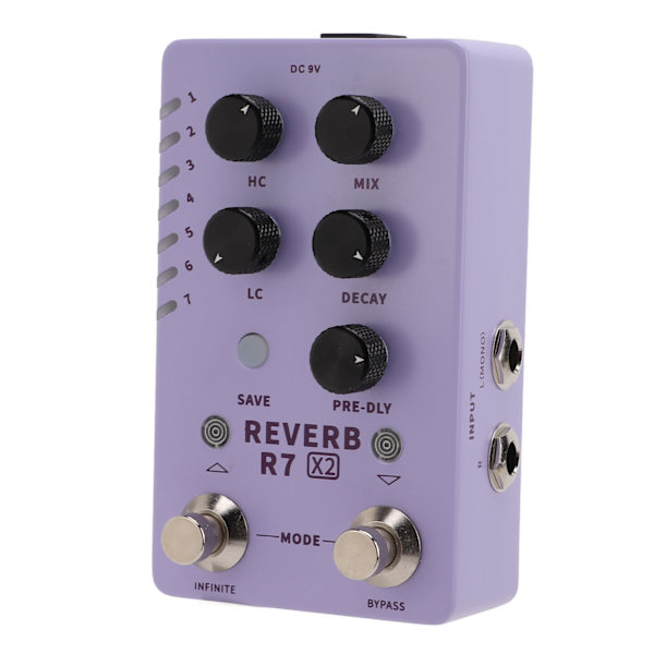 Reverb-effekt Stereo Elektrisk Gitar Enkelt Pedal Forhåndsinnstilt Veksel 14 Effekter R7 X2 100‑240VEU Plugg