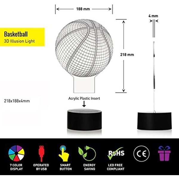 WJ 3D Basketboll Boll Fjärrkontroll 16 Färg Nattljus Illusion Akryl LED Bordsängslampa Barn Sovrum Skrivbordsdekor Födelsedag Julgåva