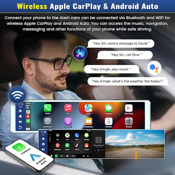 Spejl Dash Cam med trådløs CarPlay Android Auto, 1080P forreste og bageste dobbelte Dash-kameraer til biler, lastbiler, 11,26 '' IPS Touch Scree
