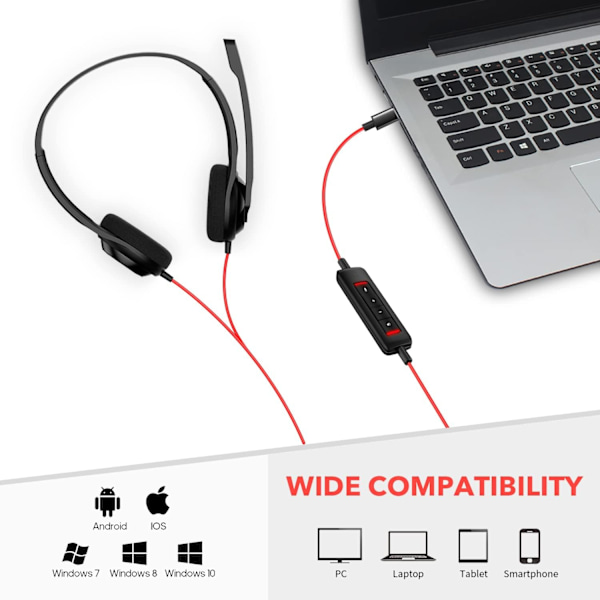 USB C-headset med mikrofon for bærbar telefon, hodetelefoner med støydempende mikrofon for datamaskin, On-Ear kablet kontorsamtale C
