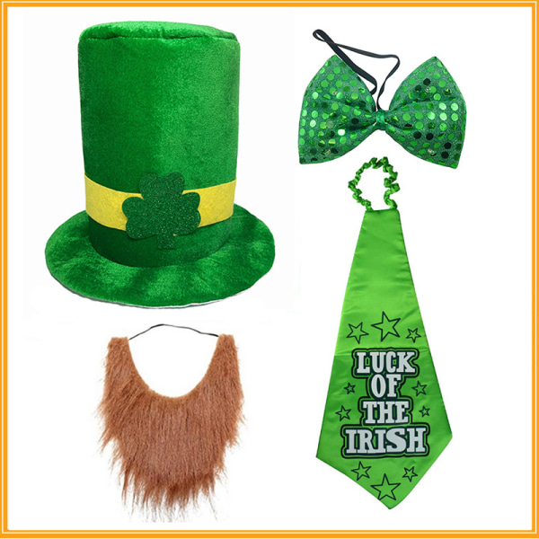 St. Patrick's Day Dräktdekorationer Irish Festival Grön Shamrock Hat Irish Beard St. Patrick's Day fluga Set B
