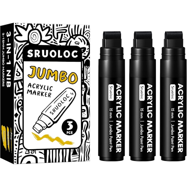 3 Jumbo Permanenttitussia – 15 mm paksu leveä kärki, suuret akryylimaalitussit kivimaalaukseen, julisteisiin, kiveen black