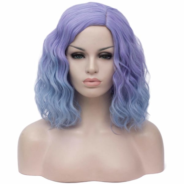 Women Girls Short Curly Bob Wavy Wig Body Wave Blue Wig Halloween Party Daily Wig (Blue)