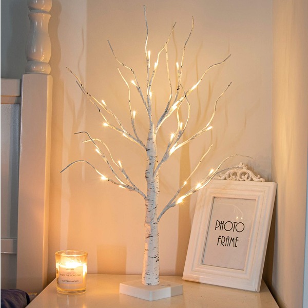 24” 2FT 24LT Lighted Birch Tree Battery Powered Timer Warm White LED Artificial Branch Tree for Home Party Festival Wedding Decor, 2FT Table Tree Lamp