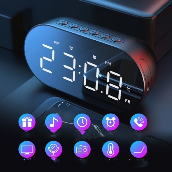 Liten vekkerklokke for soverom med alarm, USB-lader, batteribackup, slumretimer, FM-radio med automatisk avstengning for nattbord