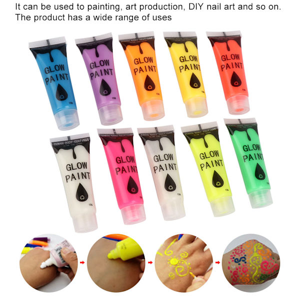 10 stk neglefluorescerende pulver DIY kroppsmaling maling trykk glød lysende verktøy