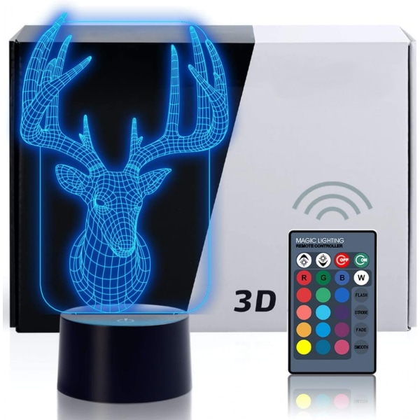 Elk Deer 3D Optical Illusion Night Lights, 7 färgvariationer, Smart Touch-knapp USB och power, fantastisk kreativ konstdesign för barn