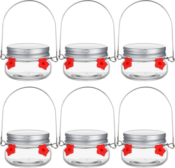 6 stk. Mason Jar Kolibri Foderautomat Glas Kolibri Foderautomat med 4 Blomster Foderporte til Udendørs Hængende Vindue Have