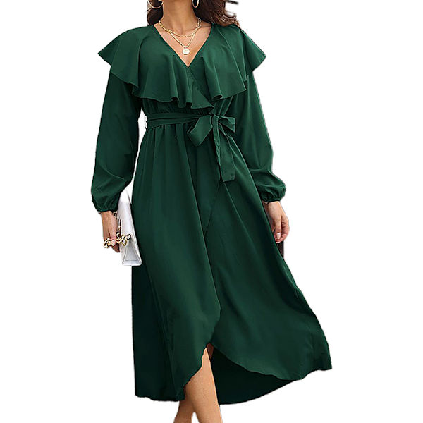 V-ringad långärmad klänning insvept med delad fåll lång klänning Dark green,M