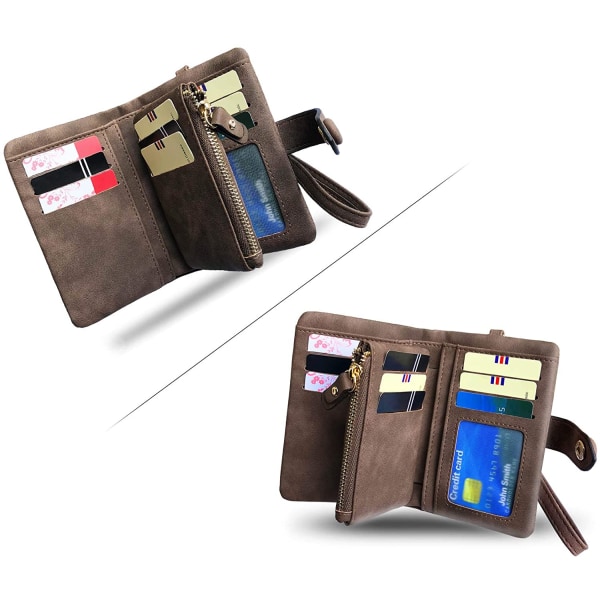 Små dubbelsidiga läderplånböcker för kvinnor Rfid Armbandsarmband för damer med kortfack id-fönster Dragkedja Myntväska --- Brun