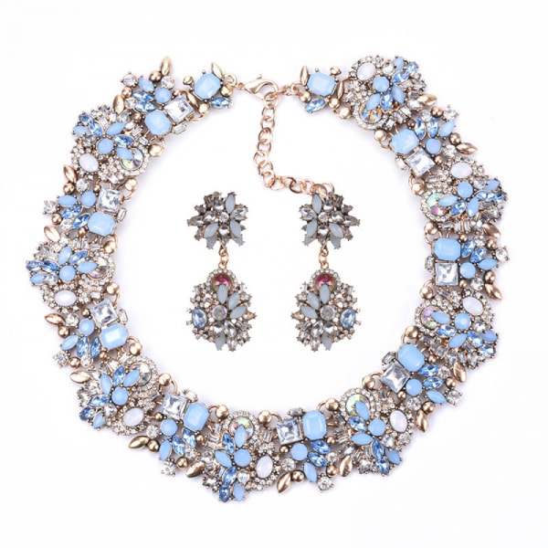 Halsband och örhängen Set, Kvinnors Chunky Halsband Strass Vintage Mode Halsband Kostym Smycken Set(ljusblå)