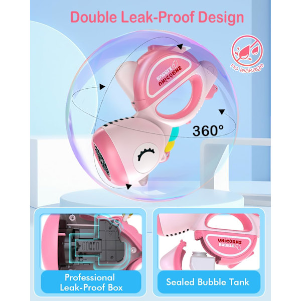 Sæbeboblepistol med lys og musik, bærbar 360° lækagesikker automatisk sæbeboblemaskine til børn i alderen 1-3 4-8 år til fester, Bubbl pink