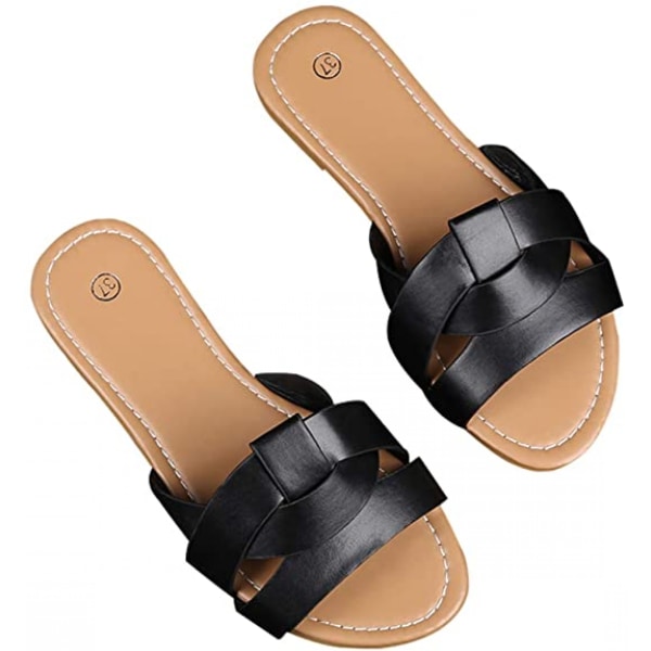 Dam Sommar Platt Slides Sandaler Casual Rem Stäng På Sliders Strand Platt Sandaler -------  Svart  （Storlek 37）
