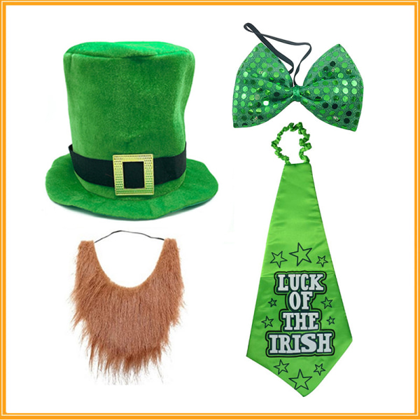 St. Patrick's Day kostym ornament irländsk festival grön shamrock hatt irländsk skägg St. Patrick's Day fluga set A