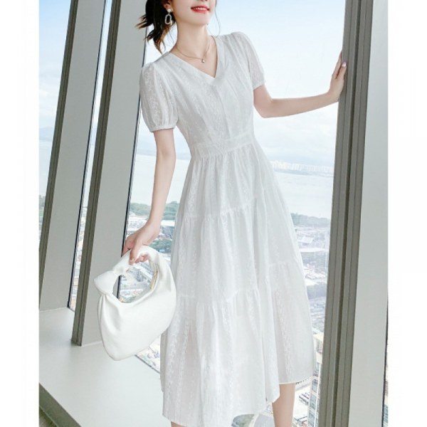 Kvinnors spets blommig lång klänning kortärmad bohemisk strandklänning Vit lång maxiklänning (vit XL)