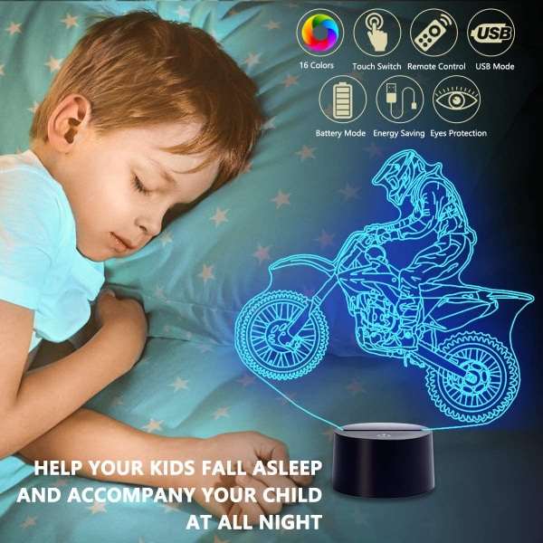 3D Nattljus, Cross Country Motorcykel 3D Nattlampa, 16 färgskiftande ljus med fjärrkontroll Djurleksaker Heminredning i sovrummet, för pojkar Flickor