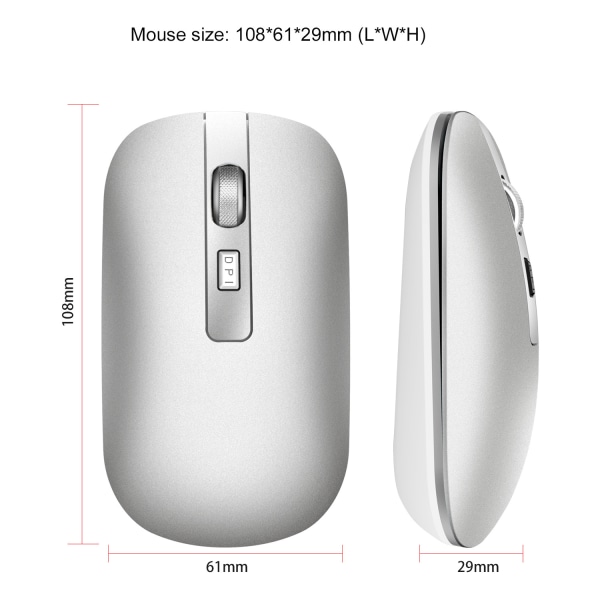 Bluetooth 5.1 Uppladdningsbar trådlös mus, Metal Wheel Mute 2.4G Mus Uppladdningsbar (silver)