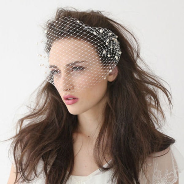 Brudslöja med pärlkam 1920-tals flapper fascinator mesh slöja enkelsidig fågelbur slöja för bröllop（Elfenben 02）