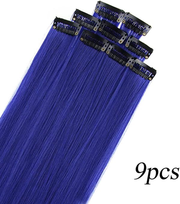 9 stk. 21\" farvede clip-in hårextensions blå hårextensions til børn piger clip-in blå hårklemmer hårextensions til børnefest highlights (blå)