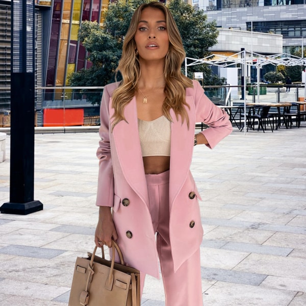 Dress Suit Høst/Vinter 2021 Stor Slips Dobbeltspent Dressjakke Casual Rett Bukse Sett (Rosa)