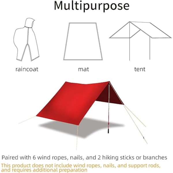 Aikuisten kevyt vedenpitävä hupullinen sadeponcho taskulla - Unisex-sadetakki retkeilyyn, telttailuun ja hätätilanteisiin Red