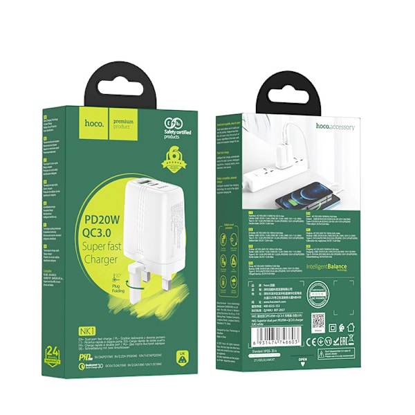 hoco. NK1 Zhanyou dobbelport PD20W+QC3.0 lader ny britisk standard 18W hurtigladinghode