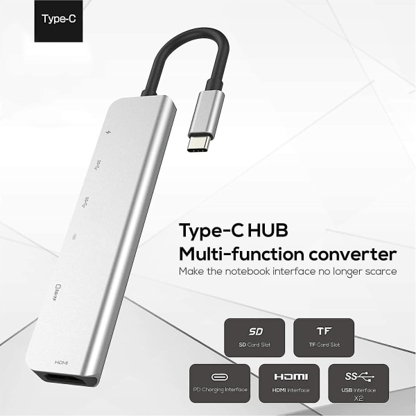 Usb C Hub Adapter Dongle for Macbook Air, Macbook Pro med 4k 60hz Hdmi, 87w Power Delivery, 2 Usb-porter og Sd/tf-kortleser