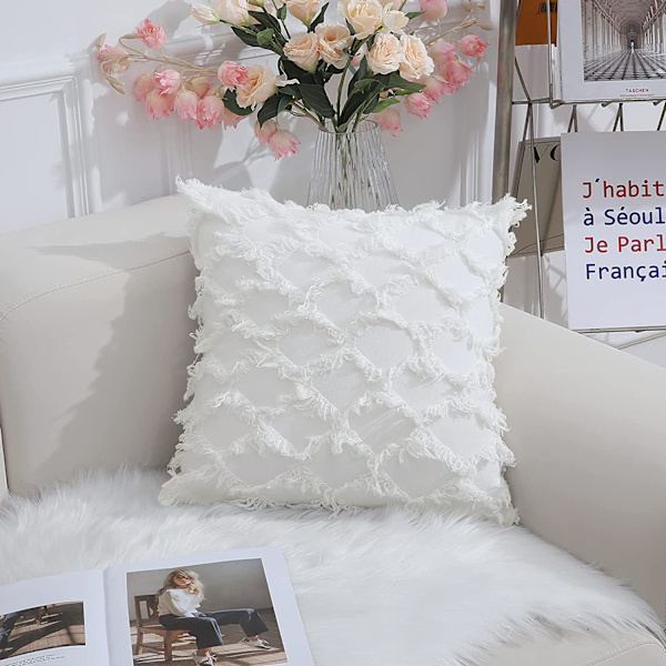 Off White Dekorative Putetrekk 18 x 18 Tommers Pakke med 2 Boho Pynteputer til Sofa og Sofa, 100% Bomull