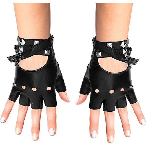 Fingerlösa konstläderhandskar - Svarta Biker Punk-handskar med bältesstängning och nitar för kvinnor och barn