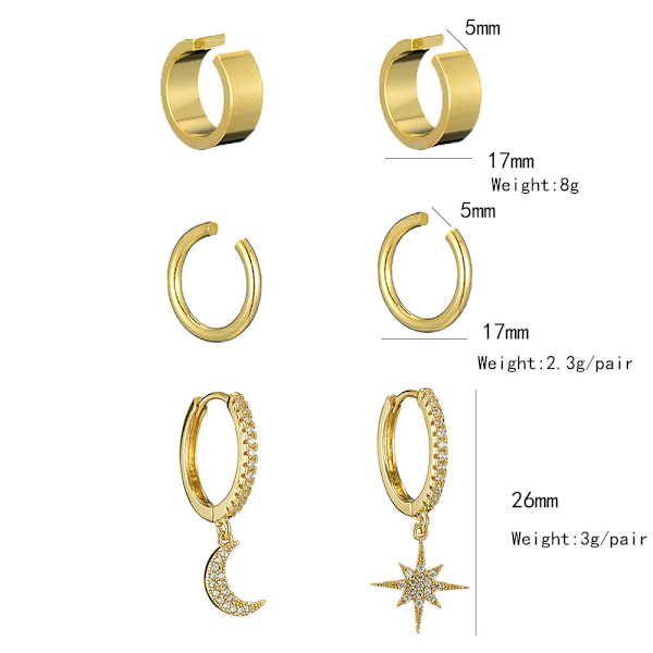 3 stk. Funklende øremanchetter pakke Guld Dainty Helix øreringe Huggie Stud Cuff øreringe til kvinder Øreringsæt | Clip On Brusk