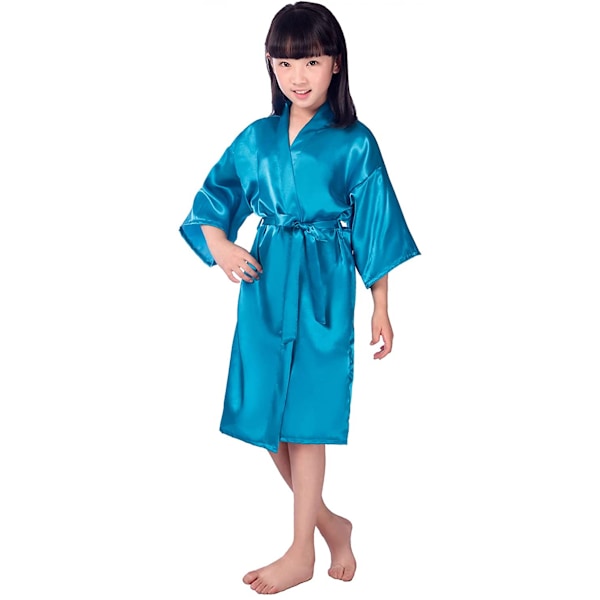 Barnens siden kimono bröllopsklänning morgonrock kimono morgonrockar nattkläder ------ Blå（Storlek 10）