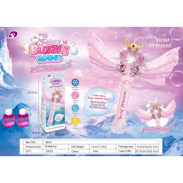Princess Magic Bubble Wand, Børns batteridrevne boblemaskine, Lys- og musikboblemaskine og boblepuster, Udendørs fest fødselsdag bu