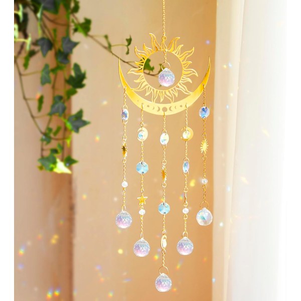 WJ123 Solfangere Krystal Vindklokker - Stor Sol og Måne Solfanger til Vinduer Hængende Prisma Krystaller Boho Hjem Have Baghave R Prism Sun