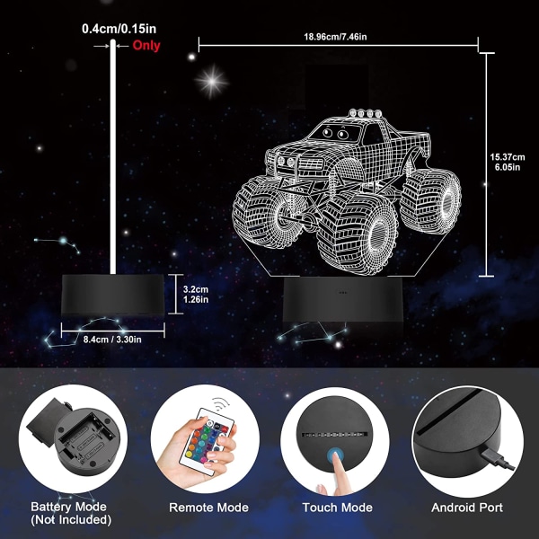 Qinwei Monster Trucks Nattlampa Pica 3D Illusion Lamp  16 Färger Ändras med Fjärrkontroll Kreativa Födelsedagspresenter för Barn Pojkar Sovrumsdekor