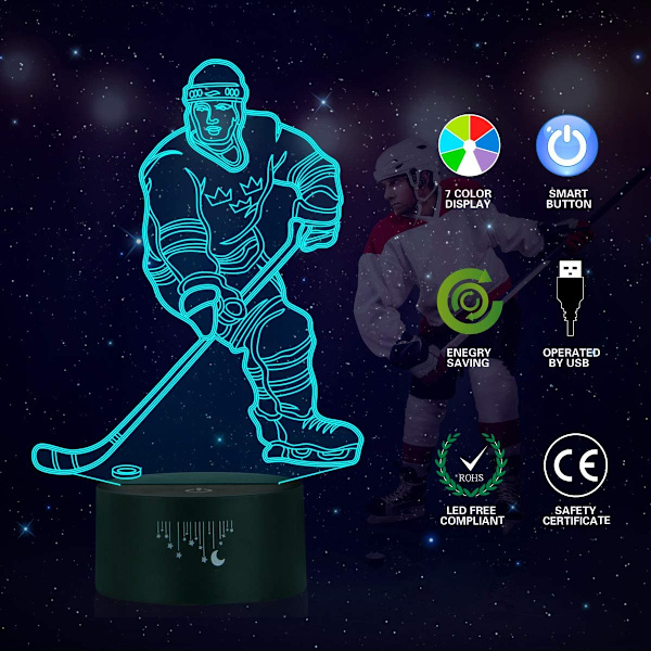 Hockey Natlampe til Børn, Led Lys 3D Optisk Illusion Lampe Soveværelse Dekoration Belysning Natlampe med Smart Touch 7 Farver, Cool G