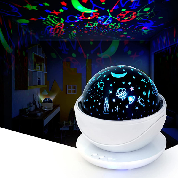 Projektorljus med 360° rotation, belysning för baby med både rymd- och djurtema, lugnande sömnlampa som jul- och födelsedagspresenter för barn
