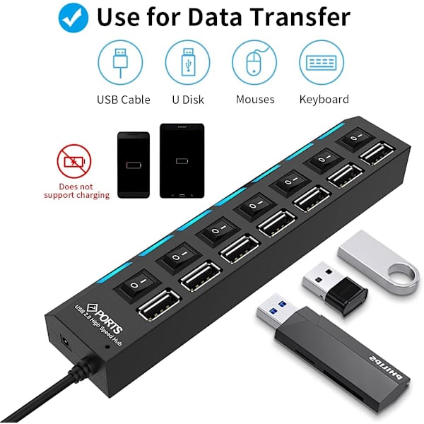 Multi USB Hub Splitter, 7-Port USB 2.0 Hub för bärbar dator, USB Port Expander med On/Off individuell switch kompatibel för alla USB enheter, 4-pack