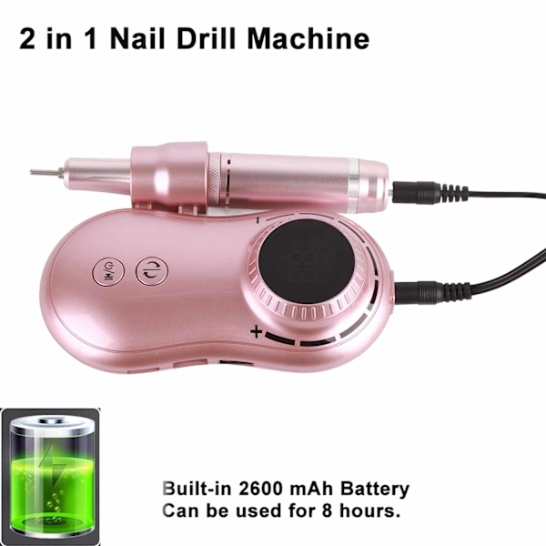 Nagelborrmaskin 35000RPM LCD-display USB-laddningsbar elektrisk nagelpoleringsmaskin med 6 bitar rosa