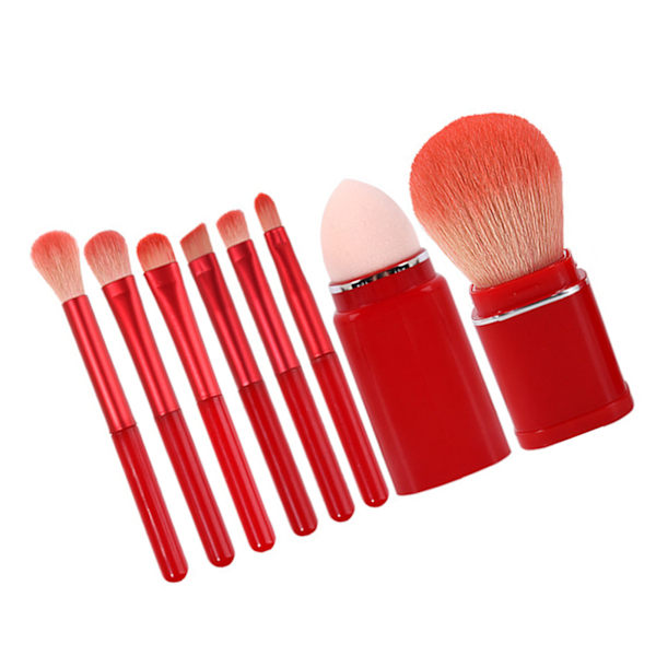 8 st Makeup Brush Set Mjuka Borst Retractable Powder Brush Mini Bärbara Makeup Borstar för Resor Vinröd