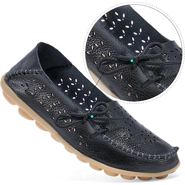 Damloafers - Casuala slip-on loafers i läder för kvinnor - Bekväma körsko för utomhuspromenader - Svarta, snidade (storlek 35)