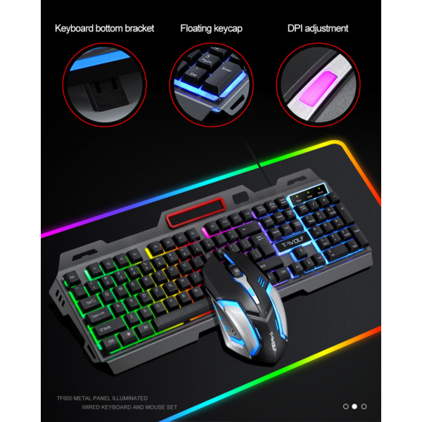 Trådlöst speltangentbord och -mus, Regnbågsbakgrundsbelyst uppladdningsbart tangentbord, tangentbord med mekanisk känsla och 7-färgs Mute Gaming-mus för Windows-dator