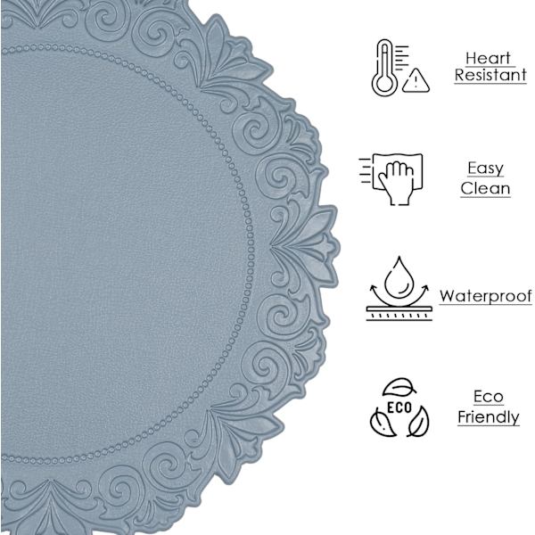 Runda Underlägg i Konstläder, 15 Tum, 4-pack, Halksäkra, Hållbara, Värmebeständiga, Tvättsbara, Vattentäta Bordstabletter för Matbord Blue 4 pcs