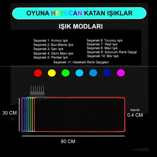 Stor RGB LED-belyst spelmusmatta Musmatta halkfri bas 40x90cm