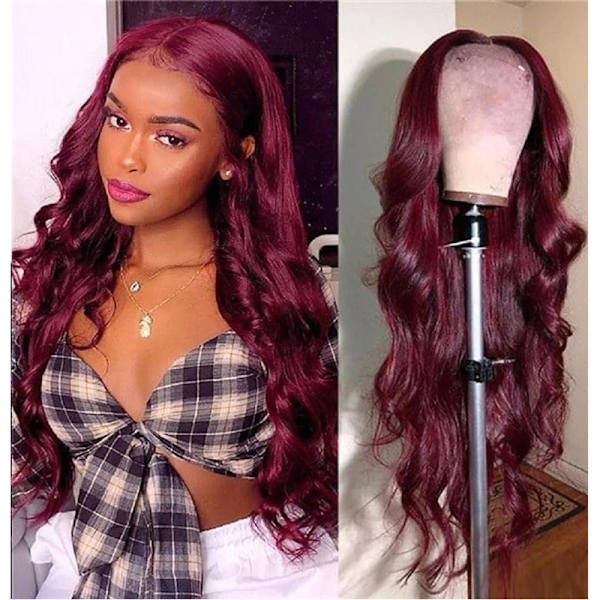 Peruker Mänskligt Hår Förplockade Blekta Knutar Med Babyhår Limlösa Brasilianska Virgin Lace Closure Mänskligt Hår Peruker För Kvinnor (Rött Vin)