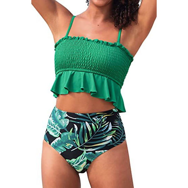 Dames Højtaljede Bikini Ruffle Todelt Badedragt til Tropiske Ferier, Sommer, Strand (Sort) XXL