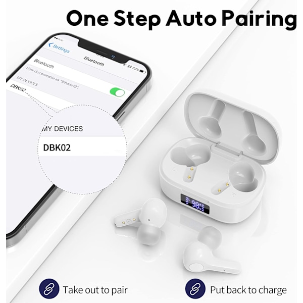 Bluetooth 5.3 trådlösa öronsnäckor, djup bas, högt ljud, tydligt samtal, brusreducering med 4 mikrofoner, in-ear-hörlurar med trådlös laddning